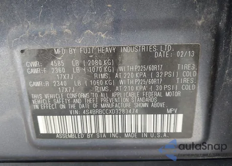 2013 Subaru Outback 2.5I Premium z USA, uszkodzony, nr VIN 4S4BRBCCXD3283474